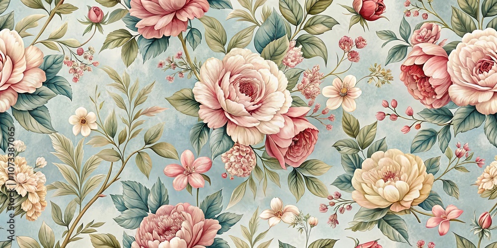 Exquisitely Detailed Floral Pattern with Delicate Blooms and Lush Greenery on a Soft Blue Background Exquisitely Detailed Floral Pattern with Delicate Blooms and Lush Greenery on a Soft Blue Background