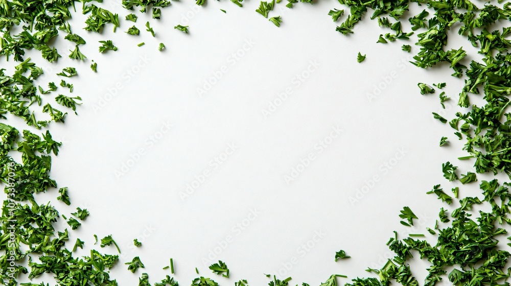 Chopped parsley scattered in a loose circle on a soft white background with copy space in the center Chopped parsley scattered in a loose circle on a soft white background with copy space in the center