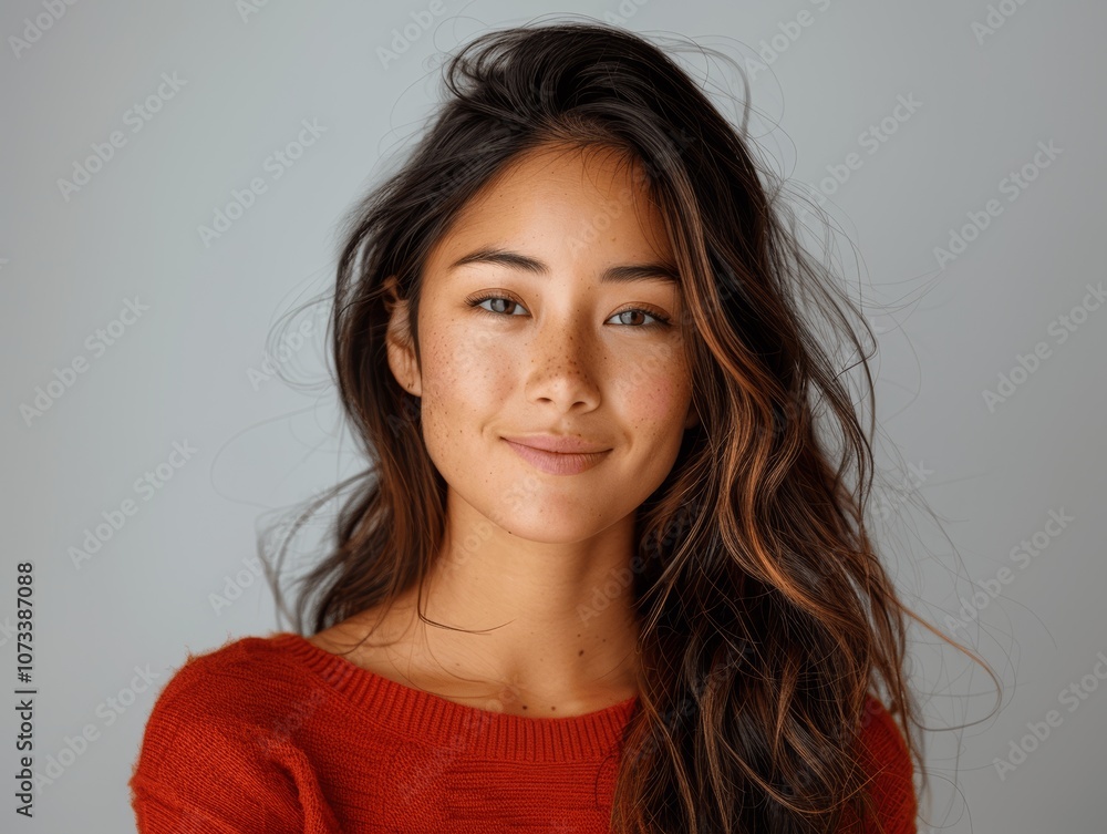 Fototapeta premium portrait of a beautiful young asian indian model woman smiling with clean teeth dental ad isolated on light grey background studio shot photorealistic high resolution