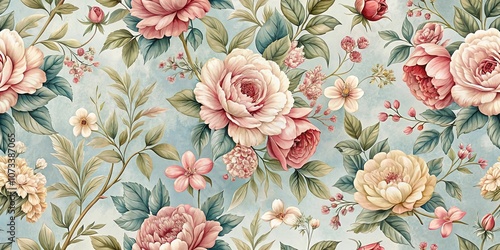Wallpaper Mural Exquisitely Detailed Floral Pattern with Delicate Blooms and Lush Greenery on a Soft Blue Background Torontodigital.ca