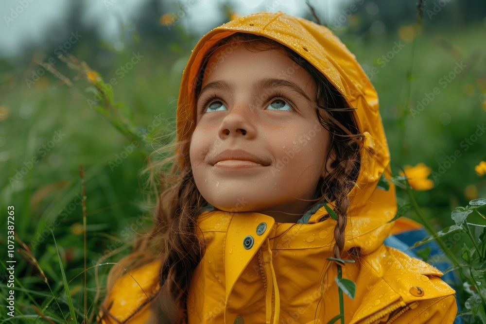Smiling Girl in Yellow Raincoat Looking Up in Green Meadow with Blue Sky Smiling Girl in Yellow Raincoat Looking Up in Green Meadow with Blue Sky