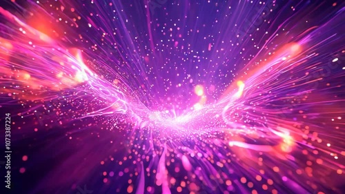 Movement through neon pink particles concentrated in the center. Outer space effect with particles.