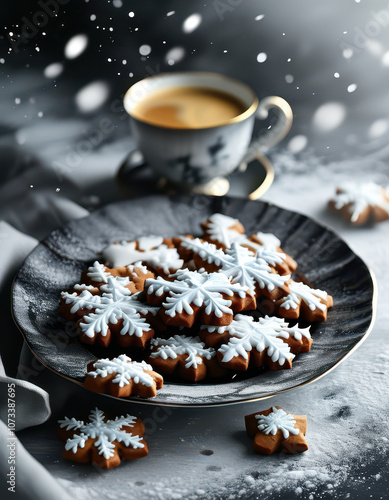 Christmas still life with a plate of gingerbread cookies and a cup of coffee or tea in the background, Generative AI