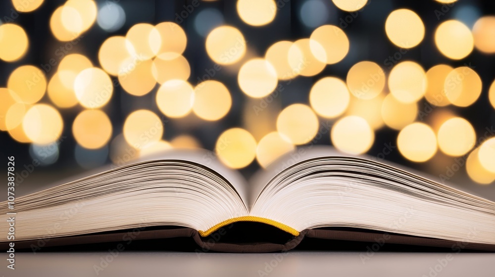 Explore the illumination of knowledge through an open book surrounded by soft bokeh lights Explore the illumination of knowledge through an open book surrounded by soft bokeh lights