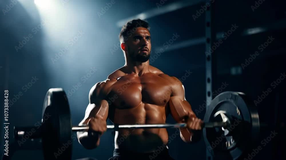 A muscular man lifting weights in a gym, displaying strength and concentration. His focused expression highlights determination in a dimly lit, intense atmosphere. A muscular man lifting weights in a gym, displaying strength and concentration. His focused expression highlights determination in a dimly lit, intense atmosphere.