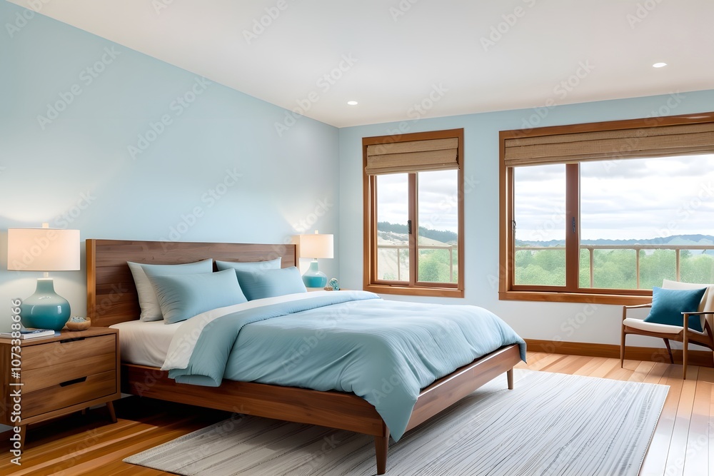 Minimal aesthetic blue bedroom with a double bed and simple modern decor. Minimal aesthetic blue bedroom with a double bed and simple modern decor.