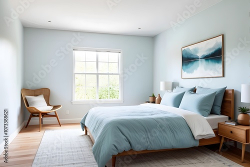 Minimal aesthetic blue bedroom with a double bed and simple modern decor.