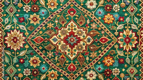 Intricate Floral Pattern Embroidered on Lush Green Fabric, a Tapestry of Rich Colors and Delicate Stitching