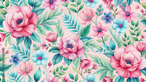 Vibrant Watercolor Floral Pattern with Delicate Pink and Blue Flowers, Lush Green Foliage on a Soft Blush Background