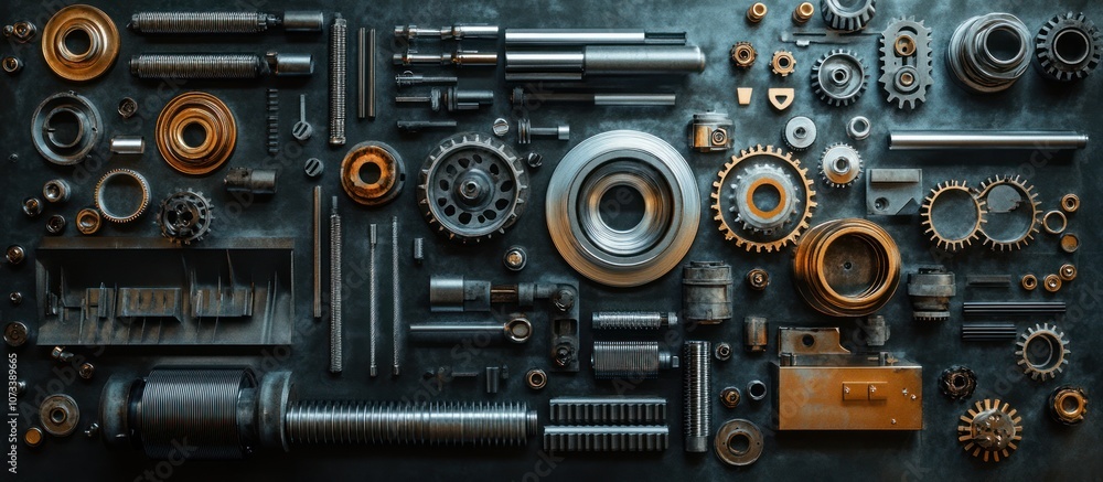 A flat lay of various metal gears, bolts, nuts, and other industrial parts on a dark blue surface. A flat lay of various metal gears, bolts, nuts, and other industrial parts on a dark blue surface.