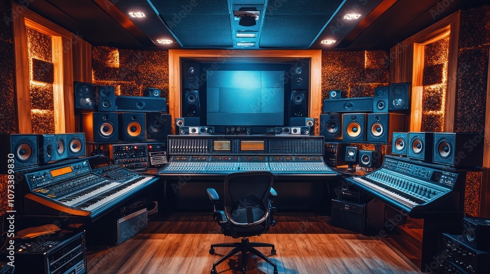 A professional recording studio with a mixing console, speakers, and a computer monitor.