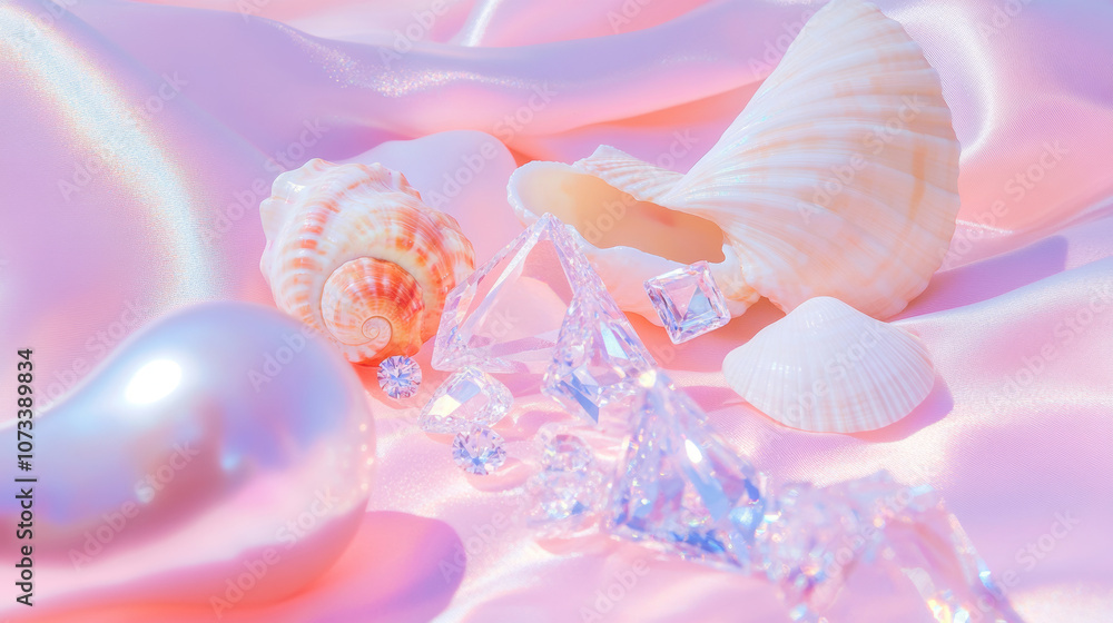 3D pearls seashells conches and diamonds scatter on beach pink white silk fabric glossy shiny background with copy space. fashion romantic jewellery holographic elegant luxury wallpaper 3D pearls seashells conches and diamonds scatter on beach pink white silk fabric glossy shiny background with copy space. fashion romantic jewellery holographic elegant luxury wallpaper