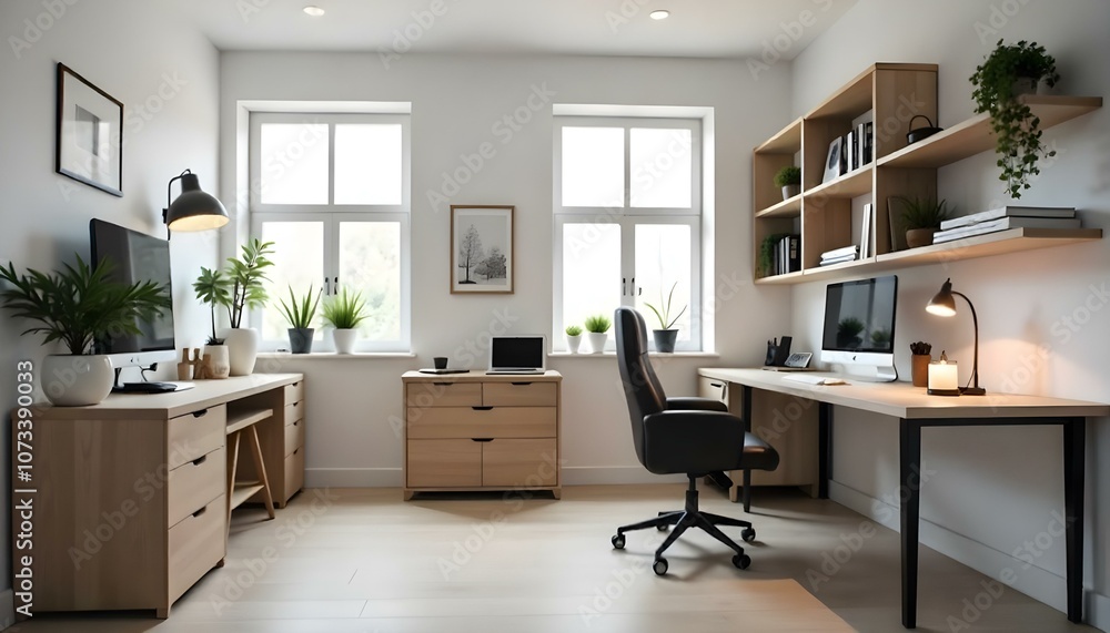 A modern and minimalist home office with a large window, a wooden desk, and shelving units on the wall. A modern and minimalist home office with a large window, a wooden desk, and shelving units on the wall.