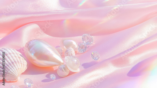 3D pearls seashells conches and diamonds scatter on beach pink white silk fabric glossy shiny background with copy space. fashion romantic jewellery holographic elegant luxury wallpaper