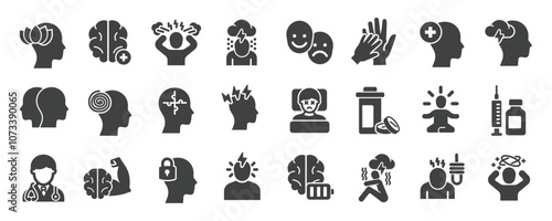 Mental health glyph solid icons collection. Containing  depression, bipolar, PTSD, trauma etc icons. For website marketing design, logo, app, template, ui, etc. Vector illustration.