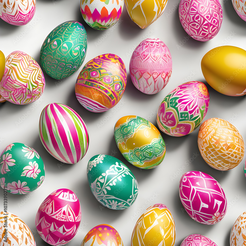 Obraz premium Easter festival image, colorful egg pattern on white crate background