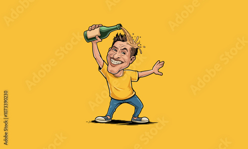 Excited man pouring drink on his head in celebration.