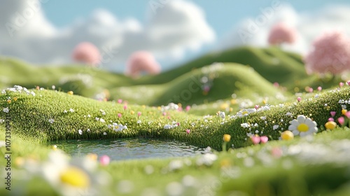 Fototapeta Naklejka Na Ścianę i Meble -  3d render, green hills with small lake and some flowers in the foreground, sky blue background, clouds, sunny day, springtime, colorful scene, AI Generative