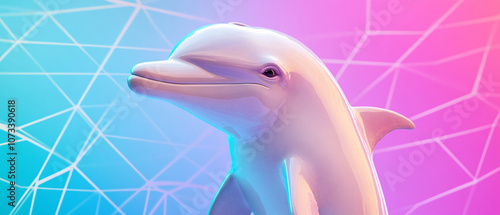 White Dolphin with Neon Lights and Geometric Pattern Background photo