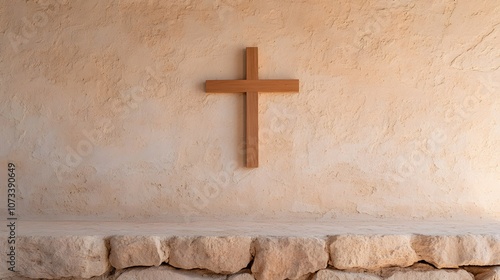 Wooden Cross in an Old Stone Chapel - Close-Up View Showcasing Timeless Faith and Rustic Charm photo