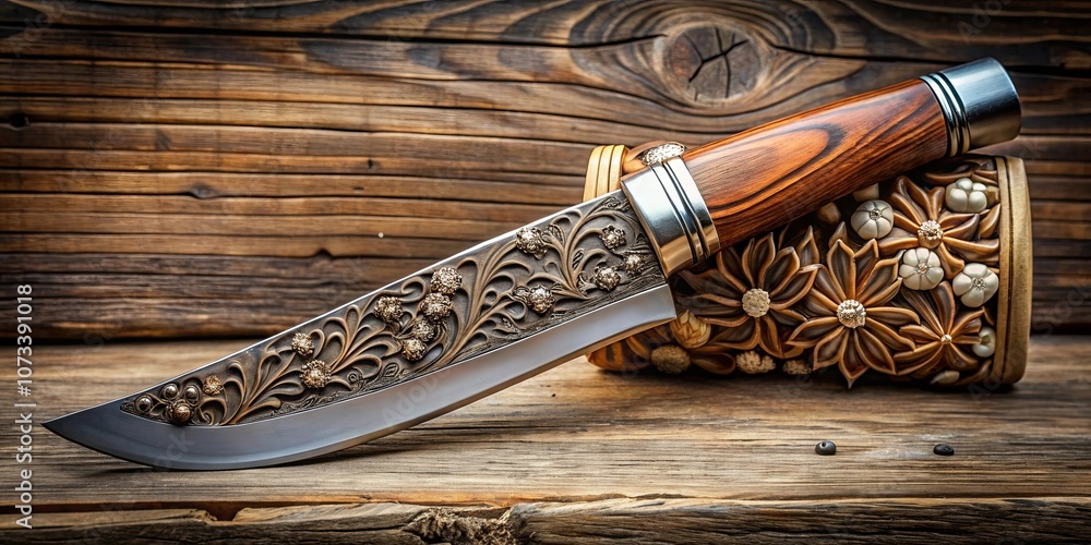 Intricate Carving on a Hunting Knife with Ornate Handle, Resting on a Wooden Surface with Carved Floral Accents Intricate Carving on a Hunting Knife with Ornate Handle, Resting on a Wooden Surface with Carved Floral Accents