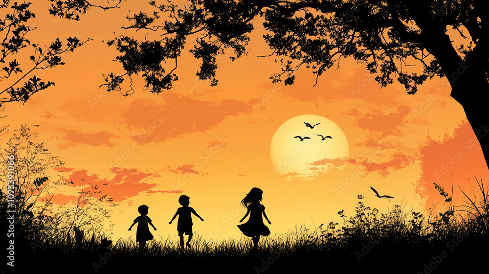 Naklejka premium children day background kids silhouette happy and playing