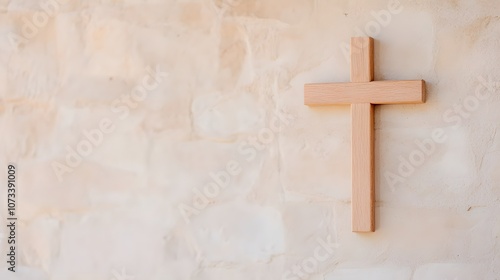 Wooden Cross in an Old Stone Chapel - Close-Up View Showcasing Timeless Faith and Rustic Charm photo