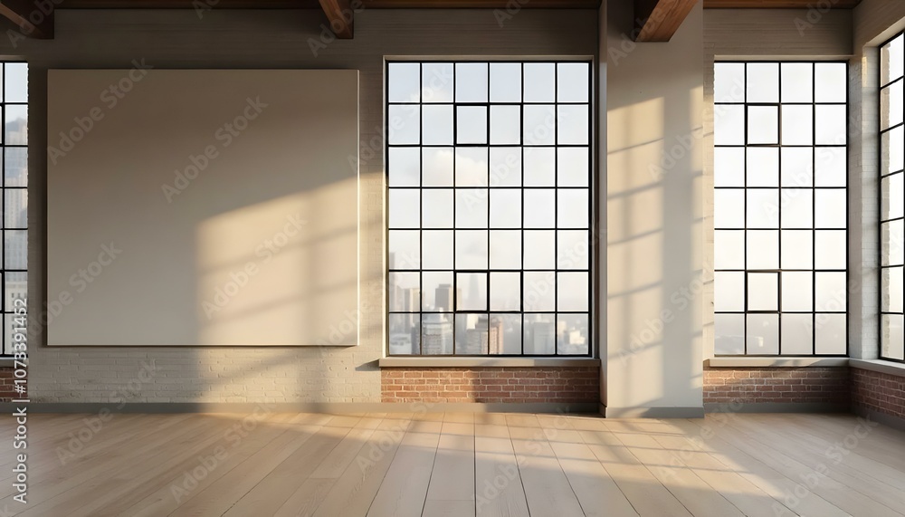 An empty room with a large window, wooden floor, and brick walls An empty room with a large window, wooden floor, and brick walls