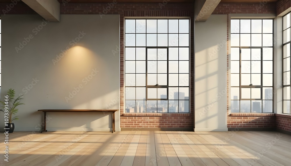 An empty room with a large window, wooden floor, and brick walls An empty room with a large window, wooden floor, and brick walls