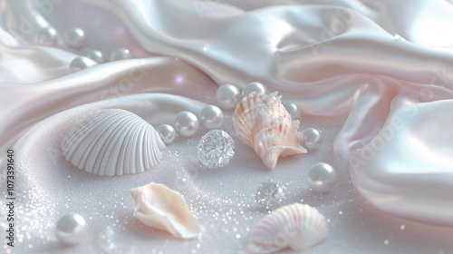 3D pearls seashells conches and diamonds scatter on beach silver shimmering silk fabric glossy shiny background with copy space. fashion romantic jewellery holographic elegant luxury wallpaper