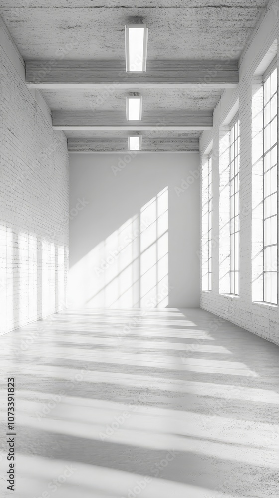 Fototapeta premium Spacious minimalist gallery with a blank wall for creative display