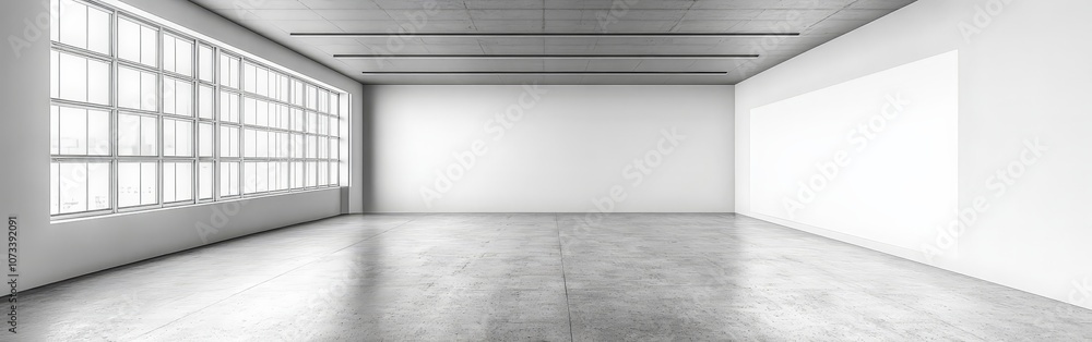 Fototapeta premium Spacious minimalist gallery with a blank wall for creative display