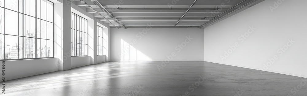 Fototapeta premium Spacious minimalist gallery with a blank wall for creative display