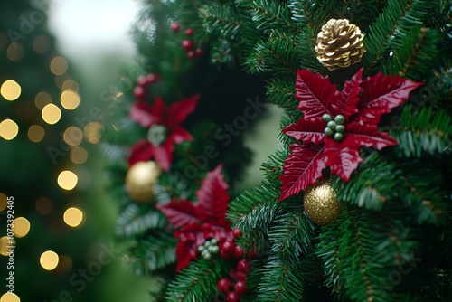 Vibrant red poinsettias and pine sprigs against a blurred holiday background capturing festive seasonal beauty with depth and contrast