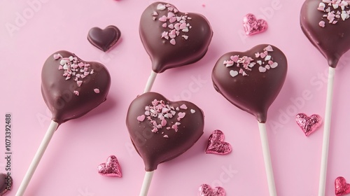 Chocolate Heart Lollipops Valentine s Day Pink Background photo