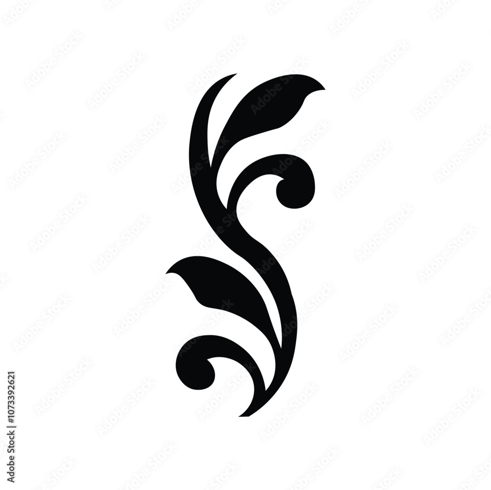 Ornamental Floral Design A classic black and white floral design element featuring elegant, curved leaves and intricate detailing. Perfect for use in decorative borders, logos Ornamental Floral Design A classic black and white floral design element featuring elegant, curved leaves and intricate detailing. Perfect for use in decorative borders, logos
