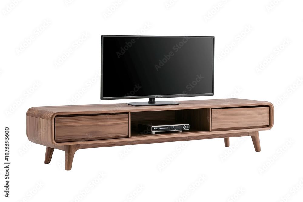 A wooden television stand with a black television on top. on transparent background. A wooden television stand with a black television on top. on transparent background.