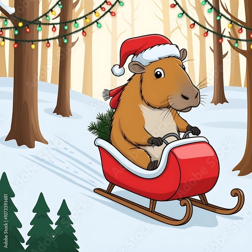 A joyful capybara in a red sleigh wearing a Santa hat gliding down a snowy hill in a festive winter forest photo