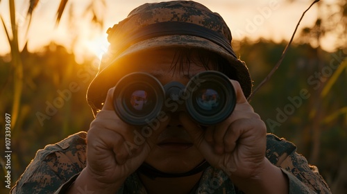 Jungle explorer in awe, wearing an Indian-style outfit and peeking through binoculars – Representing adventure, exploration, and the fascination with wildlife in a lush, natural environment photo