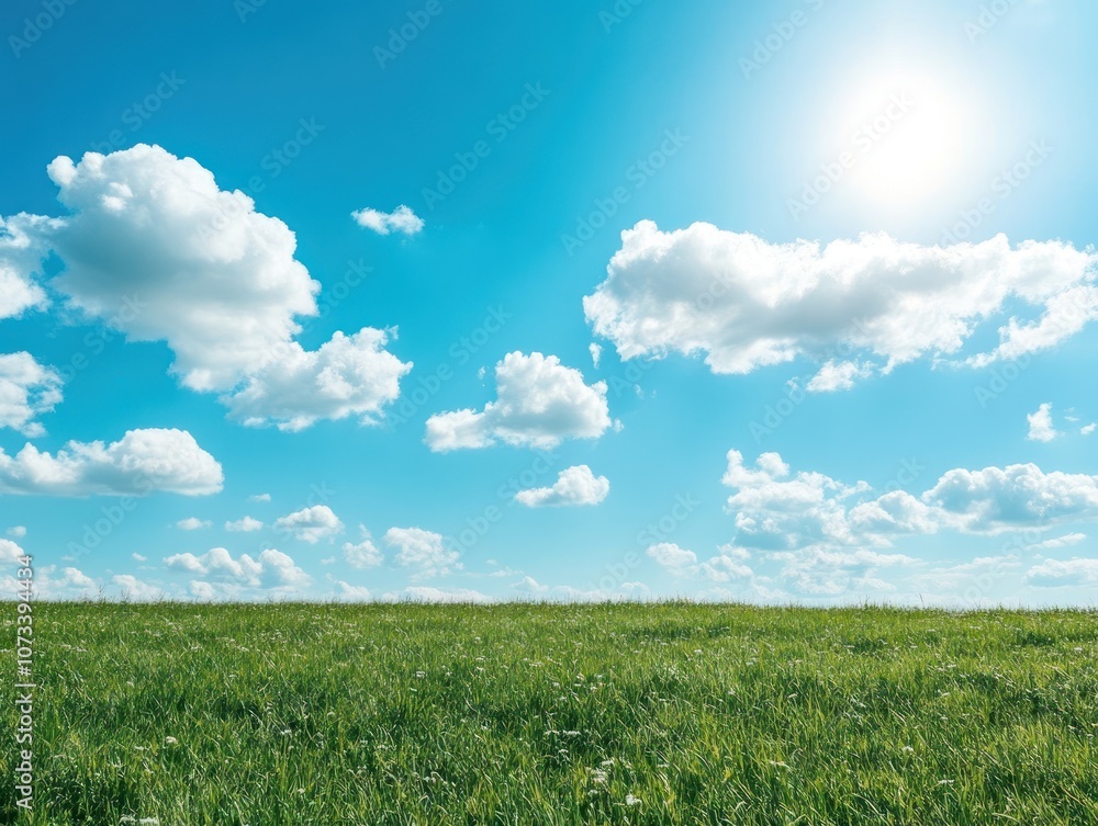 A vibrant landscape featuring lush green grass under a clear blue sky dotted with fluffy clouds and bright sunlight. A vibrant landscape featuring lush green grass under a clear blue sky dotted with fluffy clouds and bright sunlight.