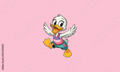 Cheerful cartoon duck jumping with wings spread wide.