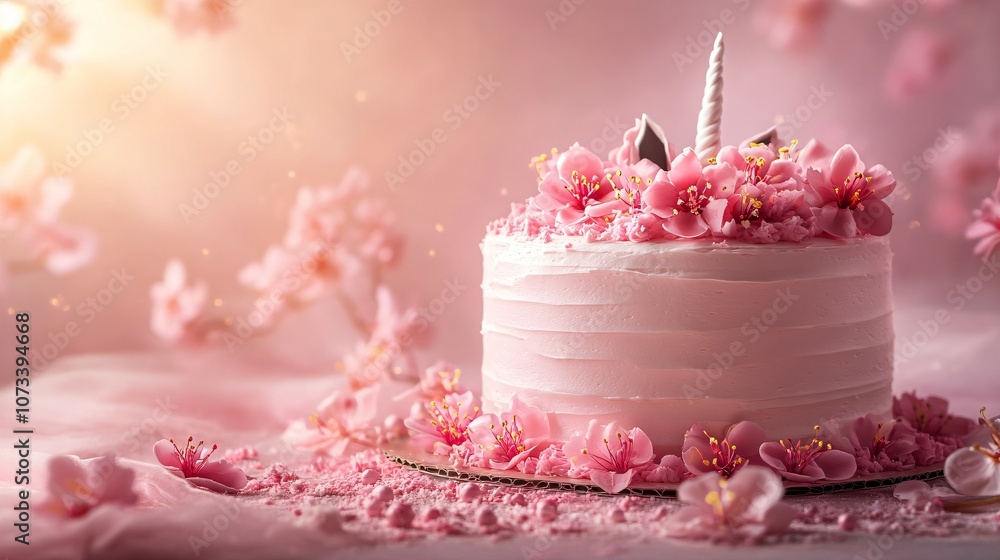 Delightful unicorn cake adorned with pink flowers on a soft pastel background Delightful unicorn cake adorned with pink flowers on a soft pastel background