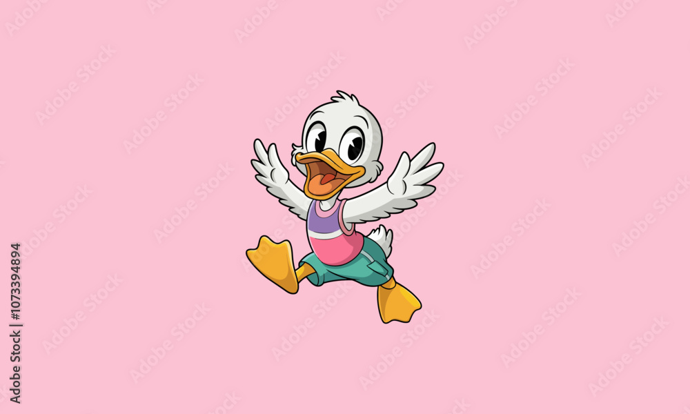 Obraz premium Cheerful cartoon duck jumping with wings spread wide.