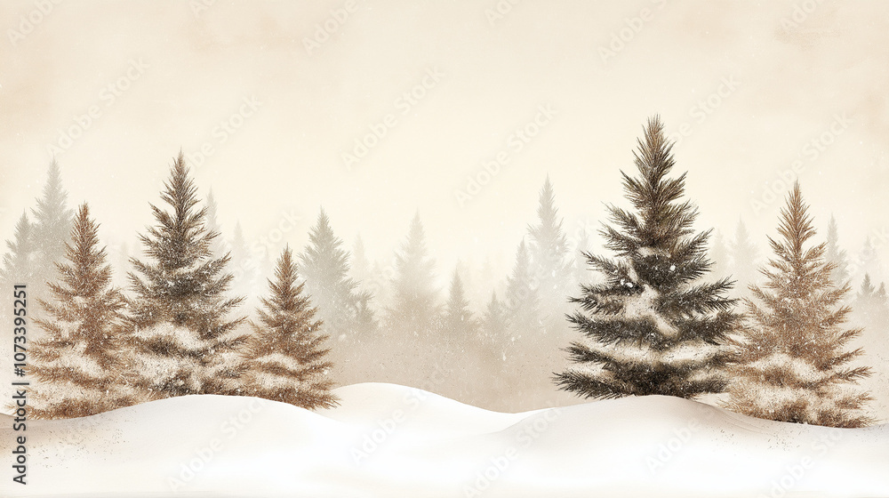 Fototapeta premium Snowy evergreen trees in winter forest on misty background