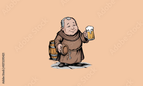Happy monk holding two frothy beer mugs, cheerful expression.