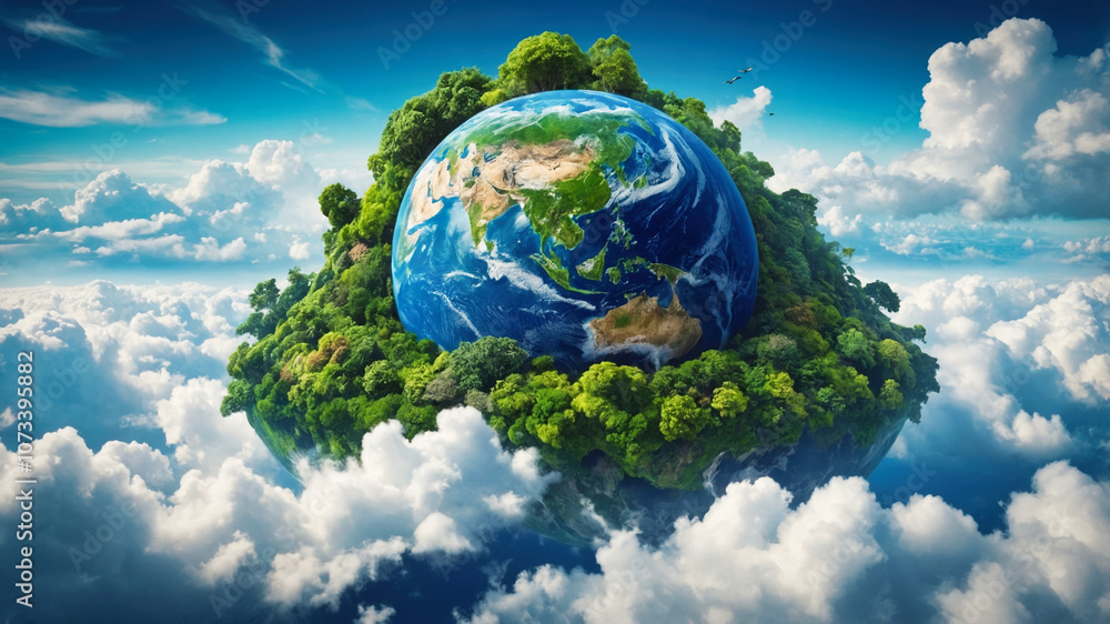 Earth planet with trees and water on it, surrounded by fluffy clouds. Environment and clean planet concept. Earth planet with trees and water on it, surrounded by fluffy clouds. Environment and clean planet concept.