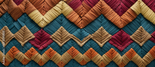 A colorful close-up of woven material spread out as a background, showing intricate patterns and textures