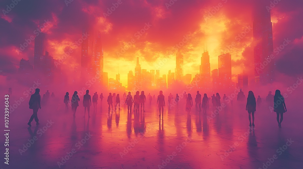 Silhouetted figures walk through a misty city landscape with a fiery orange sky. Silhouetted figures walk through a misty city landscape with a fiery orange sky.