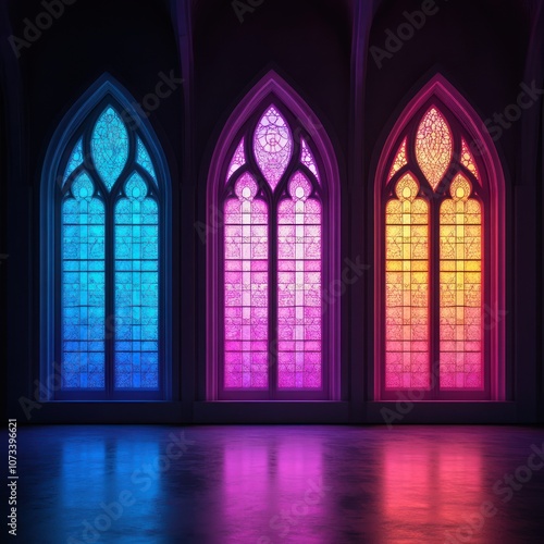 Vibrant stained glass windows in a gothic style, featuring a spectrum of blue, purple, and orange hues, illuminating the dark interior.