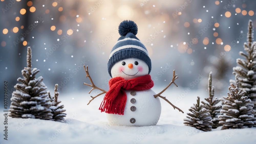 Obraz premium Winter holiday scene with a smiling snowman in the snow